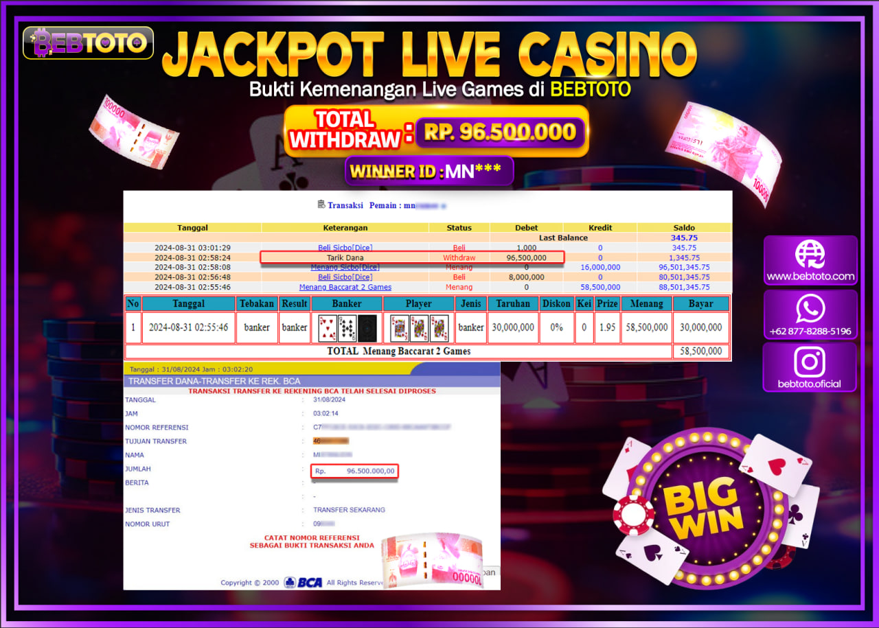 JACKPOT LIVE CASINO BEBTOTO SICBO Rp.96.500.000.,- LUNAS