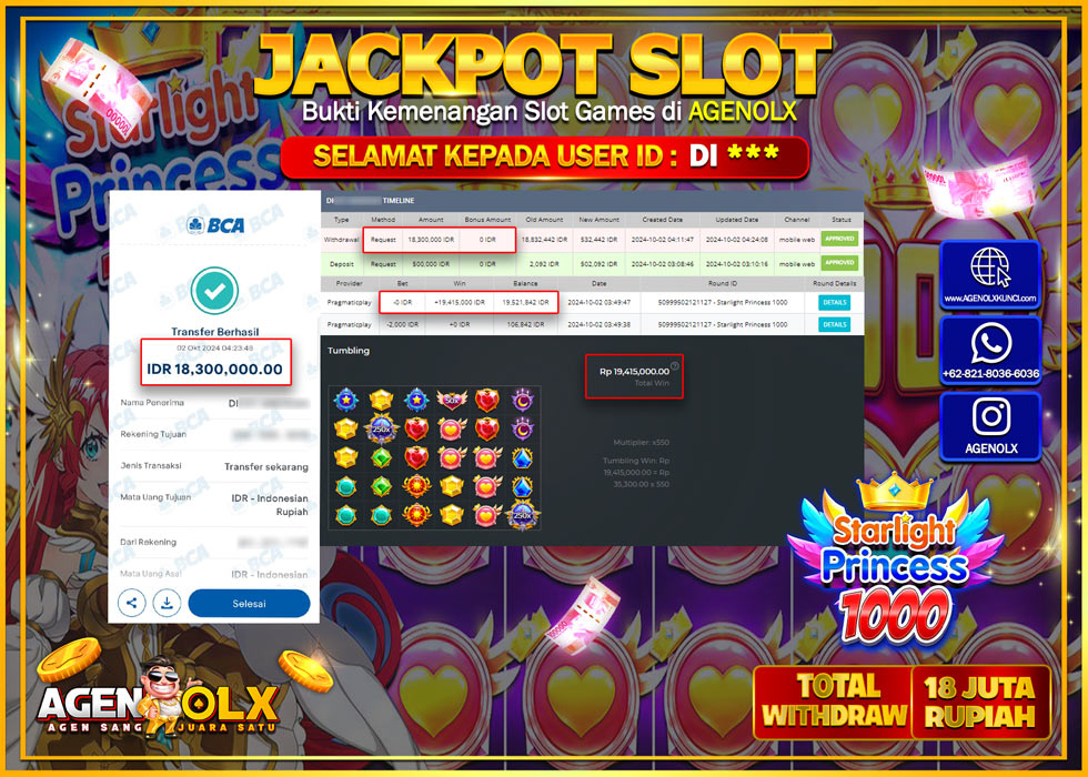 AGENOLX JACKPOT  SLOT STARTLIGHT PRINCESS 1000 Rp.18.000.000,- LUNAS