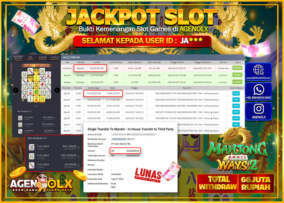 AGENOLX JACKPOT SLOT MAHJONG WAYS 2 Rp.66.000.000,- LUNAS