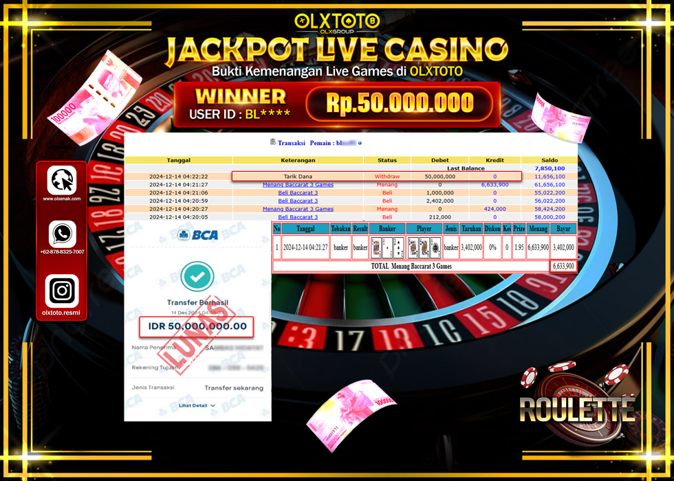 OLXTOTO JACKPOT  LIVE GAMES ROULETTE Rp.50.000.000.,- LUNAS