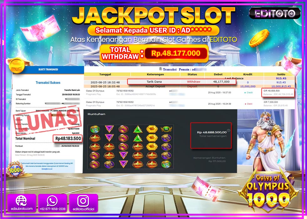 JACKPOT EDITOTO SLOT GATES OF OLYMPUS 1000 Rp.48.177.000,- LUNAS 