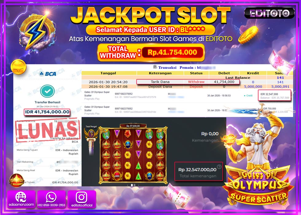 JACKPOT EDITOTO SLOT GATES OF OLYMPUS SUPER SCATTER  Rp.41.754.000,- LUNAS  