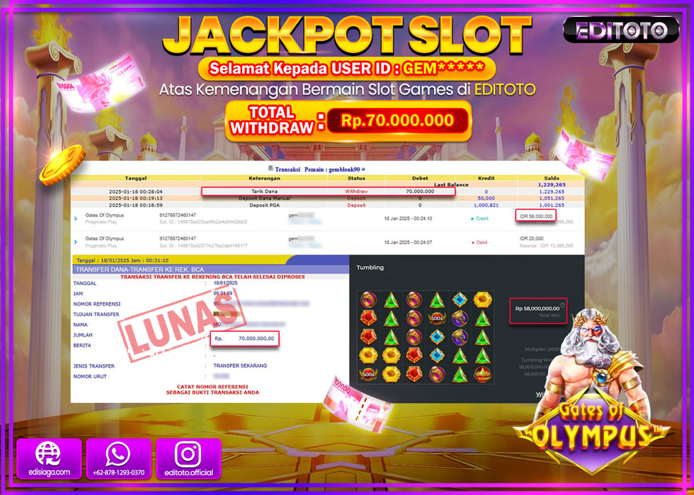 JACKPOT SLOT GATES OF OLYMPUS Rp.70.000.000.,- LUNAS