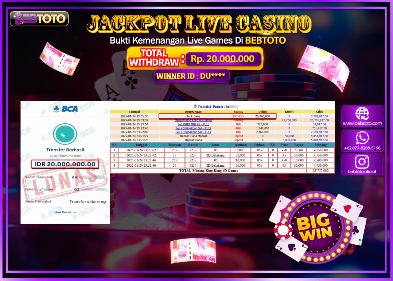 JACKPOT LIVE CASINO BEBTOTO KINGKONG 4D GAMES Rp.20.000.000.,- LUNAS