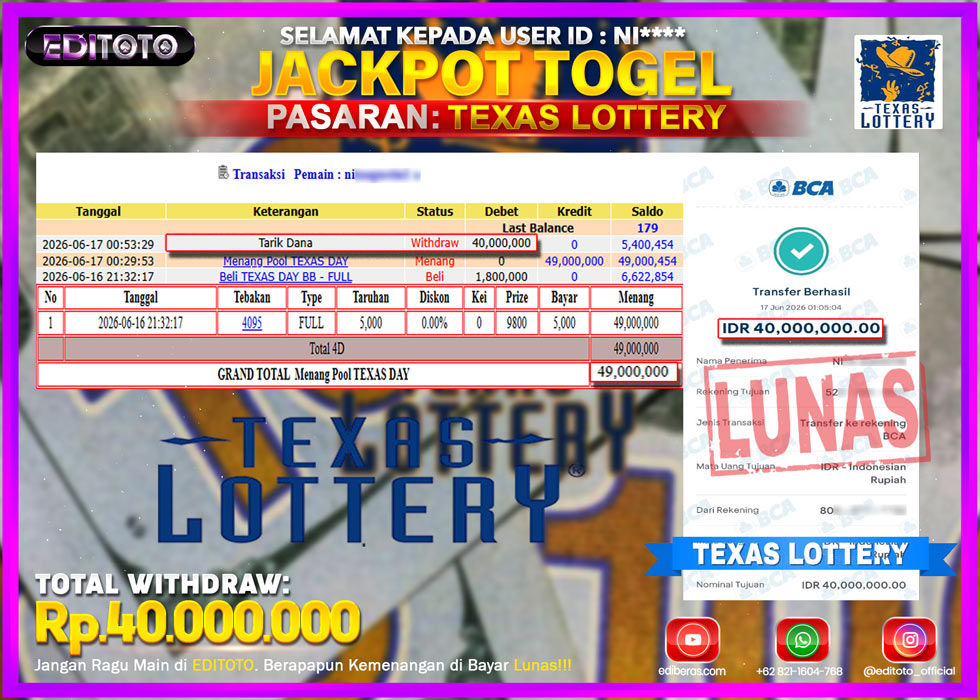 JACKPOT EDITOTO TOGEL PASARAN TEXAS LOTTERY Rp.40.000.000.,- LUNAS