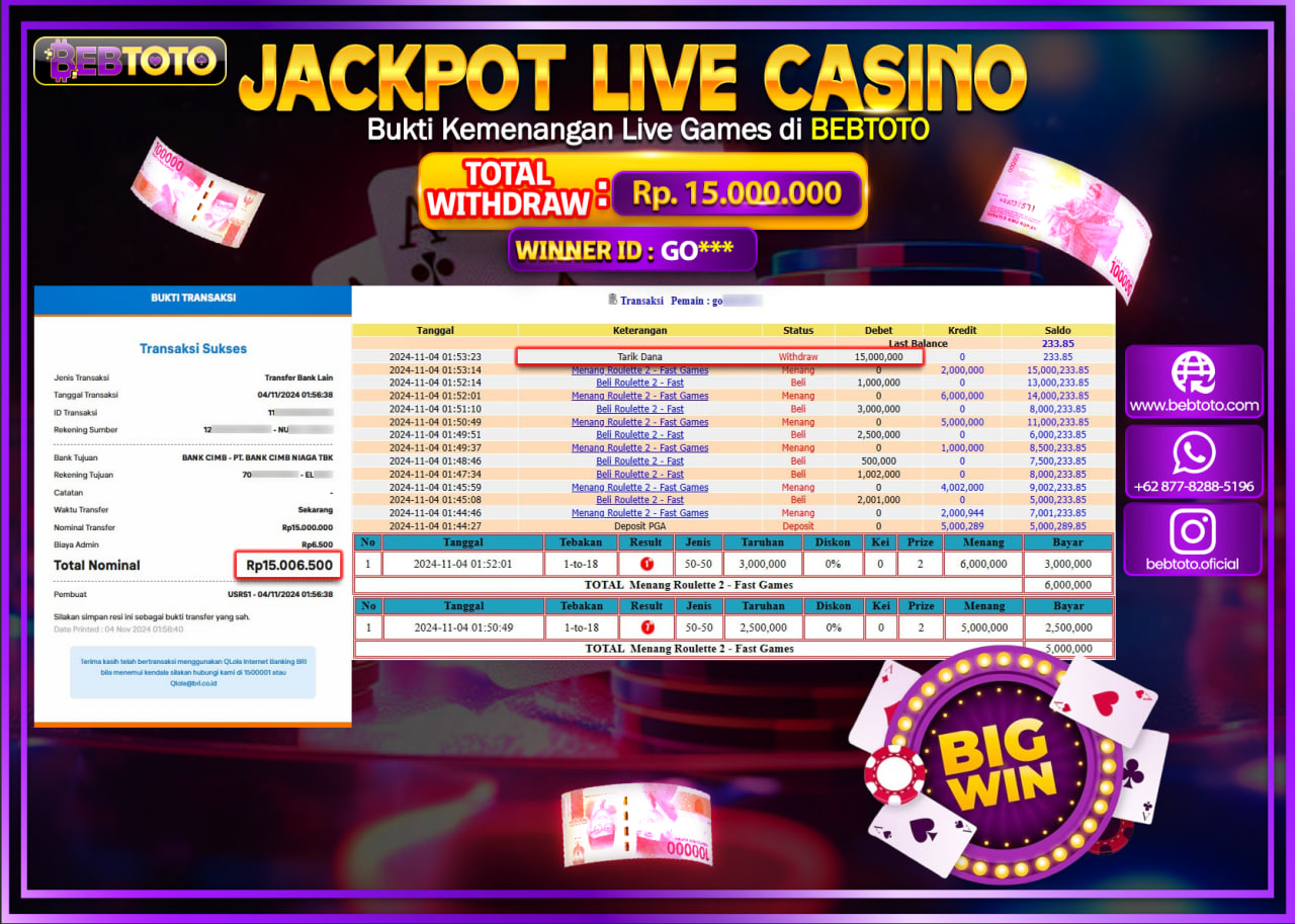 JACKPOT LIVE CASINO BEBTOTO ROULETTE Rp.15.000.000.,- LUNAS