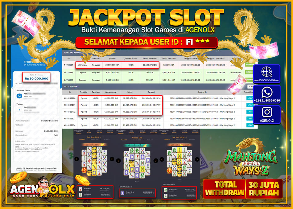 AGENOLX JACKPOT SLOT MAHJONG WAYS 2 Rp 30.000.000,- LUNAS