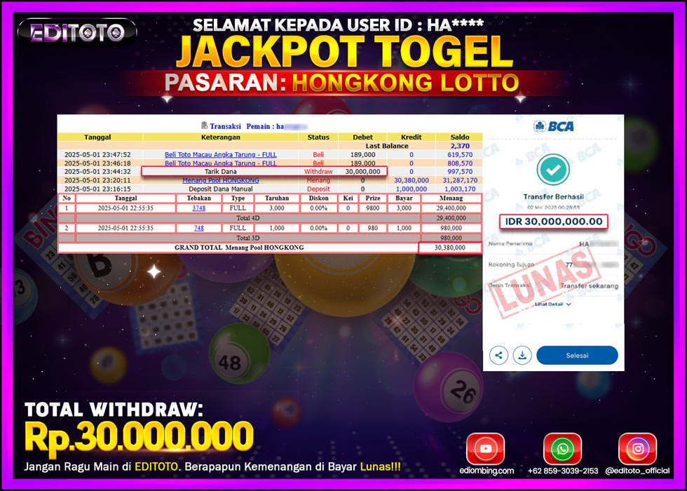 JACKPOT EDITOTO TOGEL PASARAN HONGKONG LOTTO Rp.30.000.000.,- LUNAS