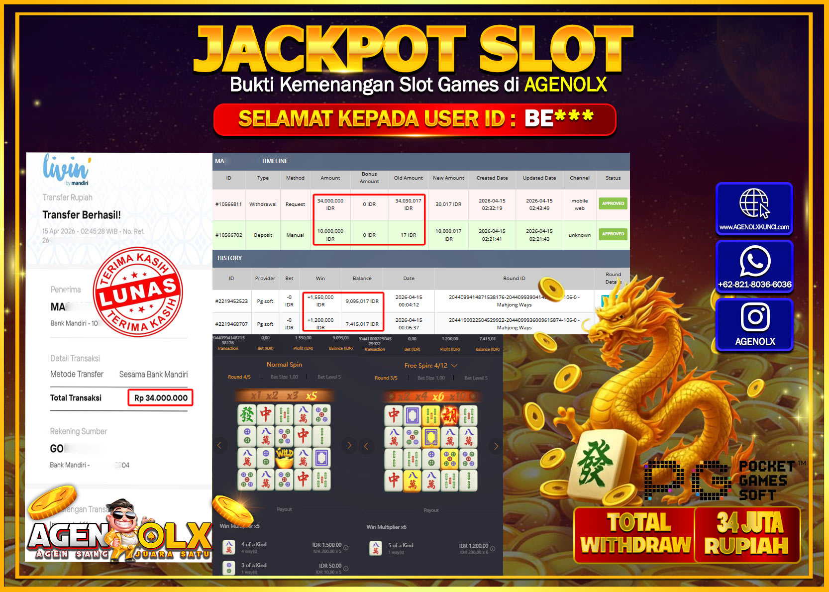 AGENOLX JACKPOT SLOT MAHJONG WAYS  Rp 34.000.000 - LUNAS