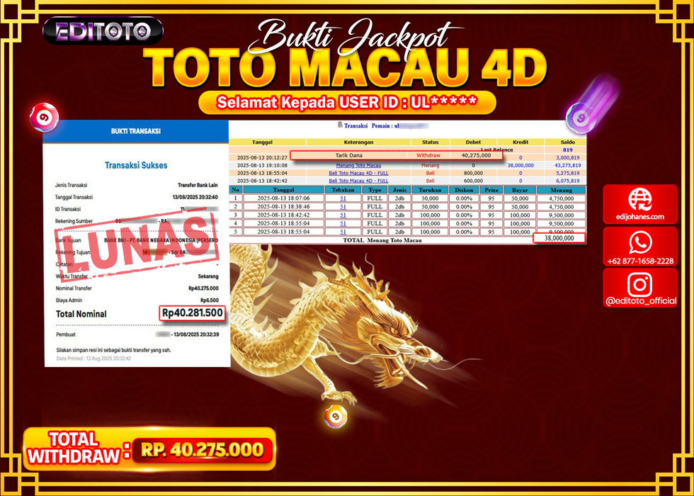 JACKPOT EDITOTO TOGEL PASARAN TOTO MACAU 4D Rp.40.275.000.,- LUNAS