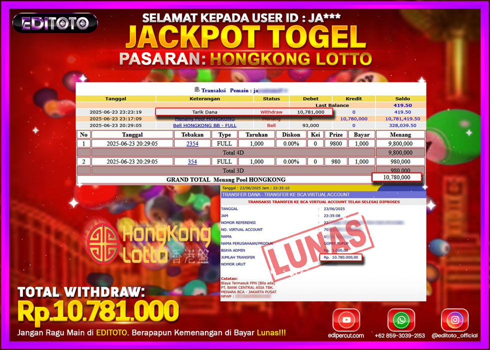 JACKPOT EDITOTO TOGEL PASARAN HONGKONG LOTTO Rp.10.781.000.,- LUNAS
