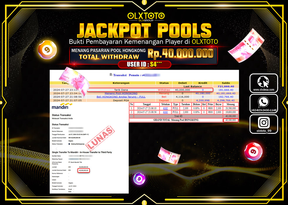 OLXTOTO JACKPOT  TOGEL POOL HONGKONG Rp.40.000.000.,- LUNAS