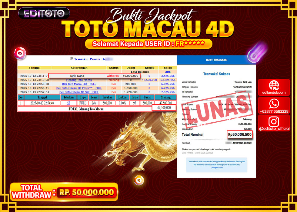 JACKPOT EDITOTO TOGEL PASARAN TOTO MACAU 4D Rp.50.000.000.,- LUNAS