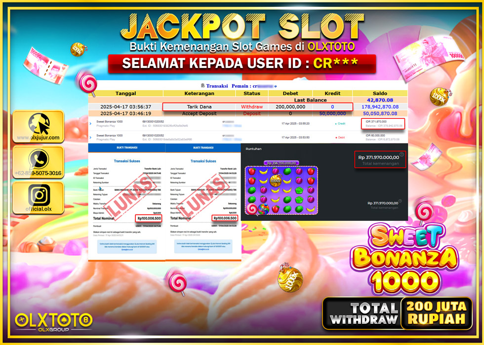 BINTANGSLOT77 JACKPOT SLOT SWEET BONANZA 1000  Rp.200.000.000.,- LUNAS