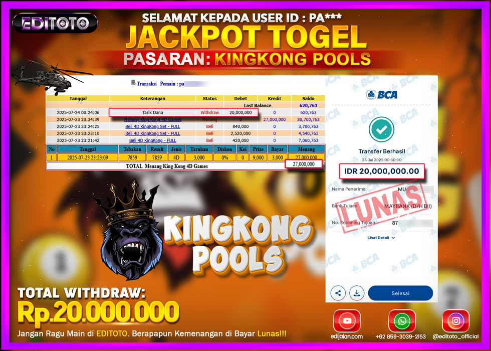 JACKPOT EDITOTO TOGEL PASARAN KINGKONG POOLS Rp.20.000.000.,- LUNAS
