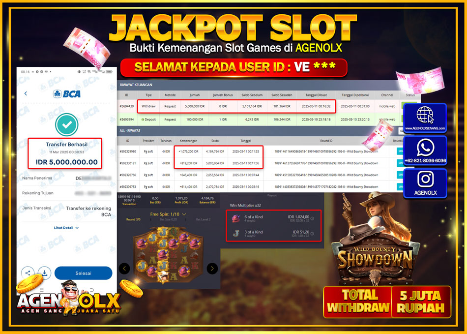 AGENOLX JACKPOT  SLOT WILD BOUNTY SHOWDOWN Rp 5.000.000,- LUNAS