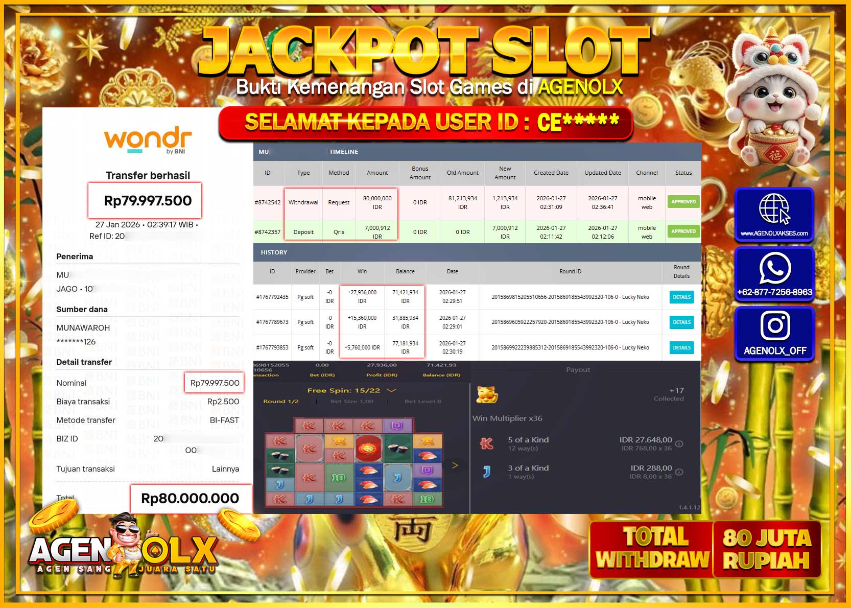 AGENOLX JACKPOT SLOT LUCKY NEKO Rp 80.000.000 - LUNAS