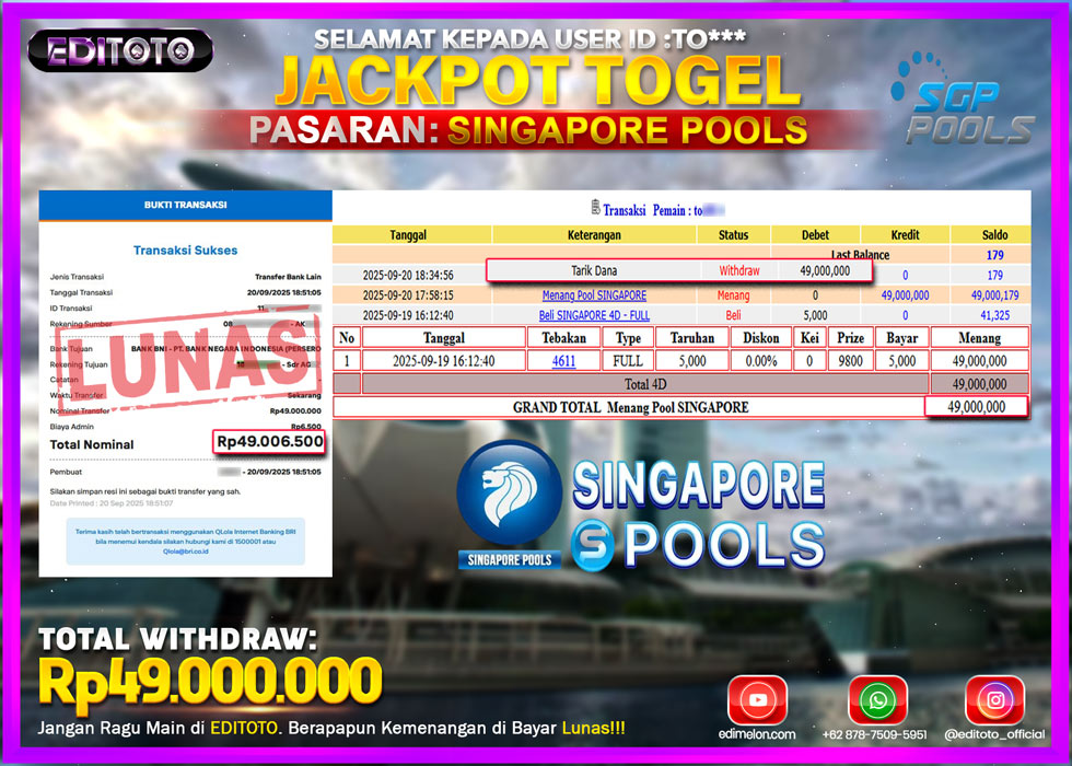 JACKPOT EDITOTO TOGEL PASARAN SINGAPORE POOLS Rp.49.000.000.,- LUNAS