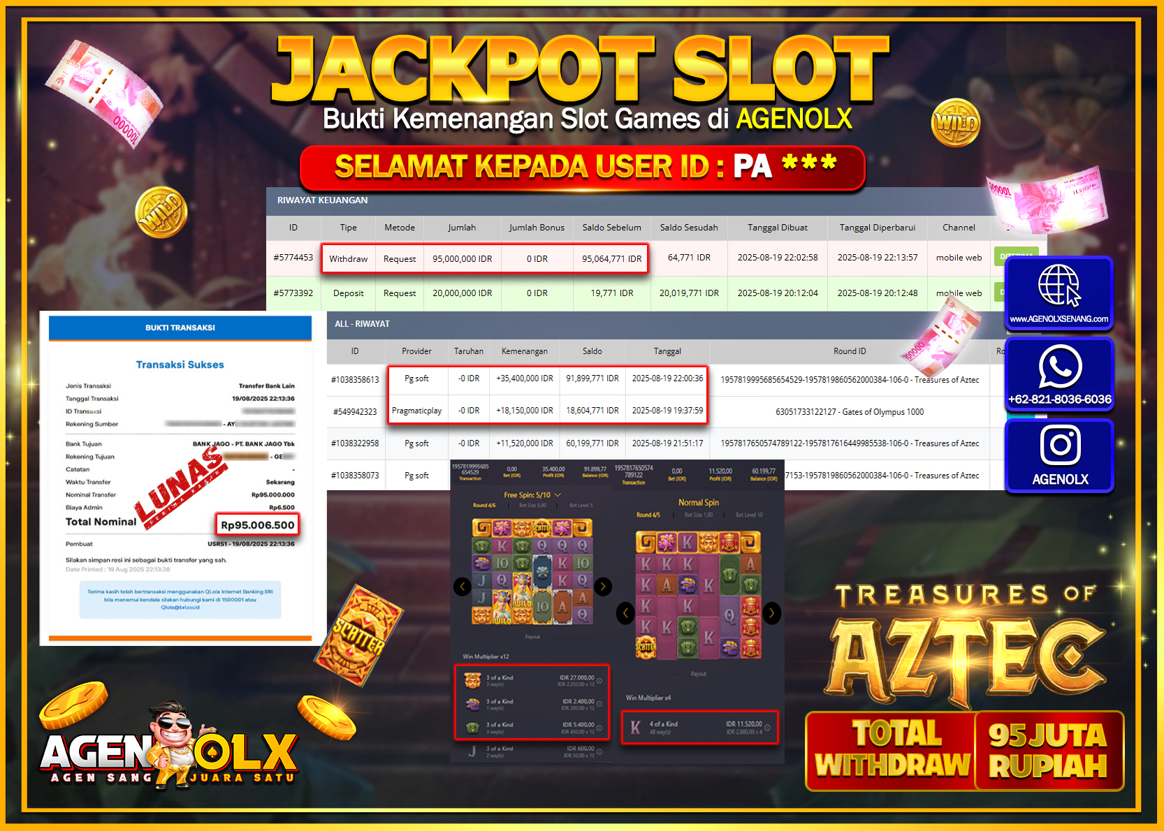AGENOLX JACKPOT  SLOT TREASURES OF AZTEC Rp 95,000,000,- LUNAS