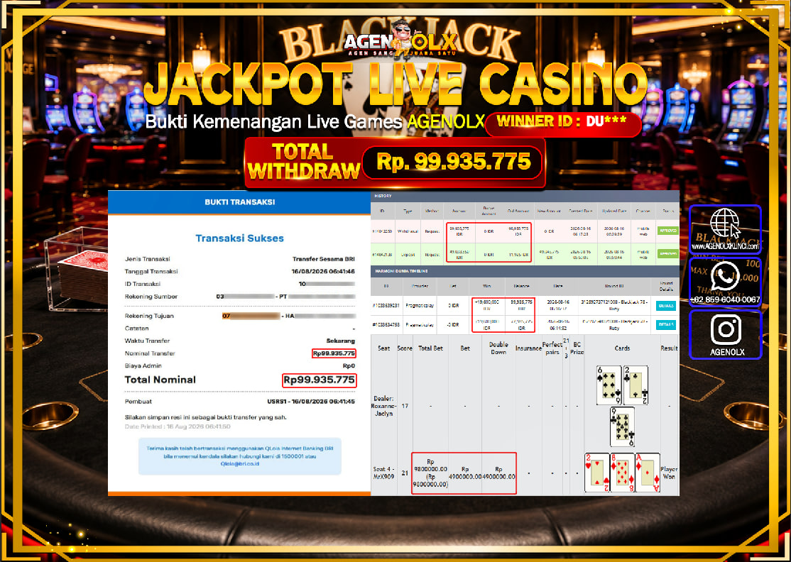 AGENOLX JACKPOT LIVE CASSSINO BLACKJACK 78 - RUBY  Rp 99.935.775 -LUNAS
