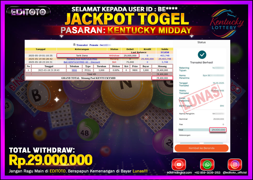 JACKPOT EDITOTO TOGEL PASARAN KENTUCKY MIDDAY Rp.29.000.000.,- LUNAS