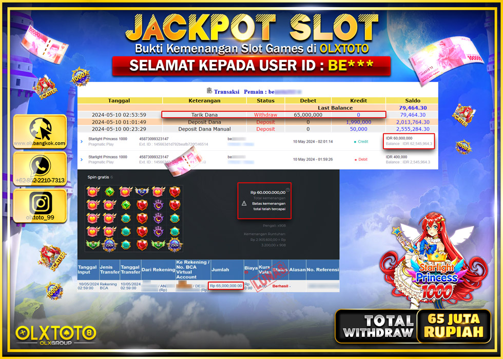 OLXTOTO JACKPOT SLOT STARLIGHT PRINCESS 1000 Rp.65.000.000.,- LUNAS