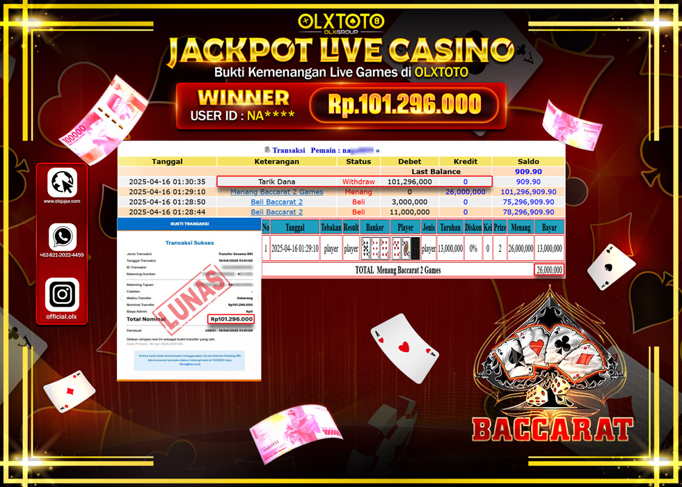 BINTANGSLOT77 JACKPOT  LIVE GAMES BACCARAT 2 Rp..101.296.000.,- LUNAS