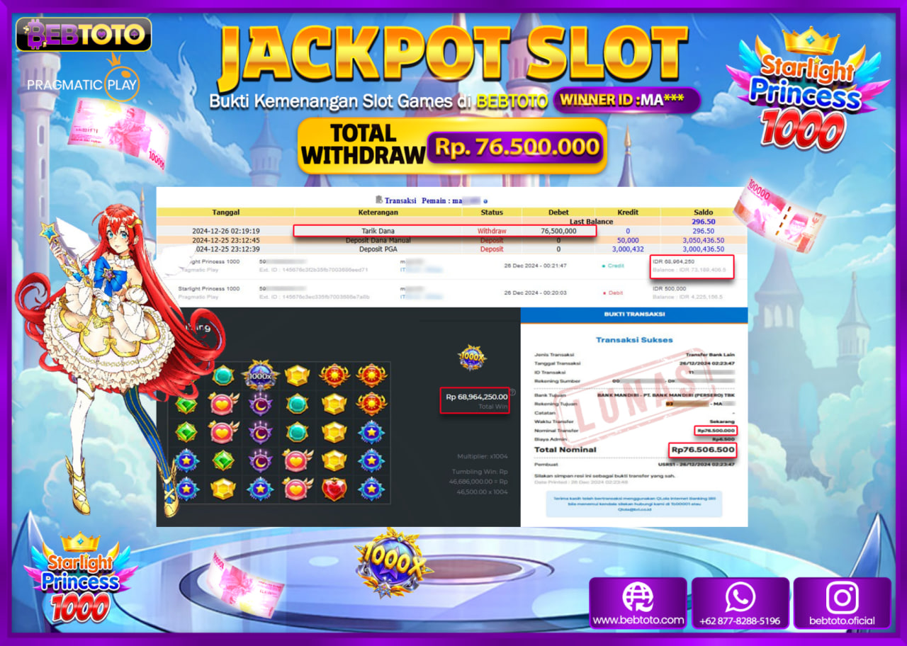 JACKPOT SLOT BEBTOTO STARLIGHT PRINCES 1000  Rp.76.500.000 - LUNAS