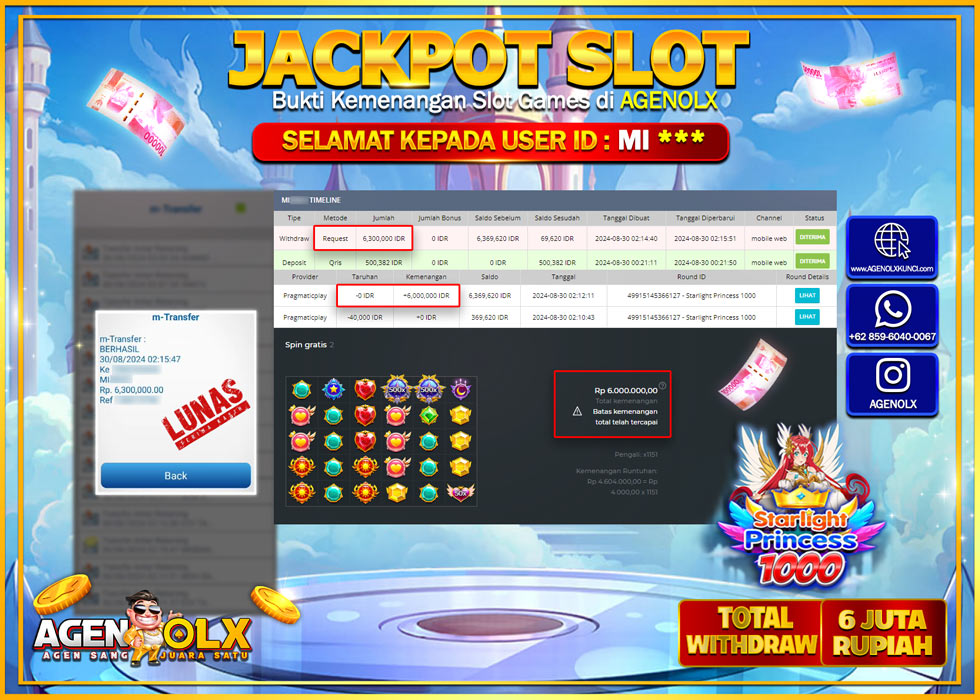 AGENOLX JACKPOT SLOT STARLIGHT PRINCESS 1000 Rp.6.000.000,- LUNAS