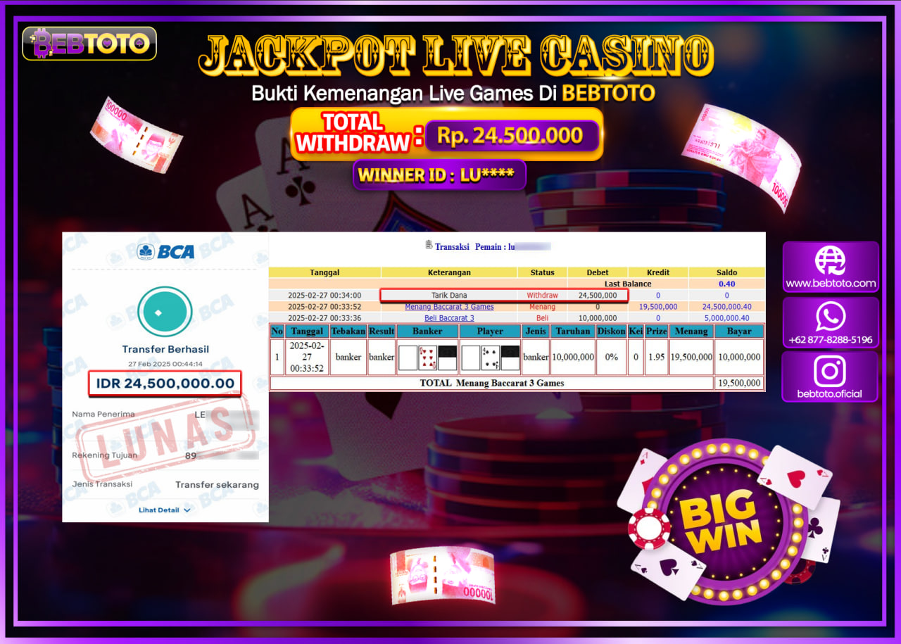 JACKPOT LIVE CASINO BEBTOTO BACCARAT 3 GAMES  Rp.24.500.000.,- LUNAS