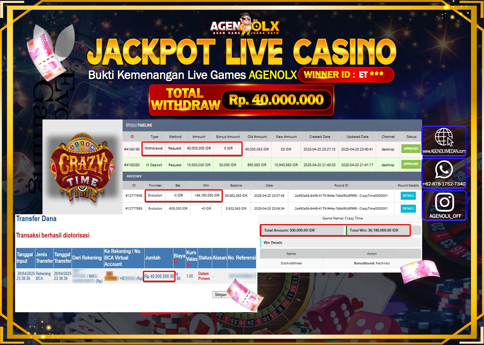 AGENOLX JACKPOT LIVE CASINO CRAZY TIME Rp 40.000.000,- LUNAS