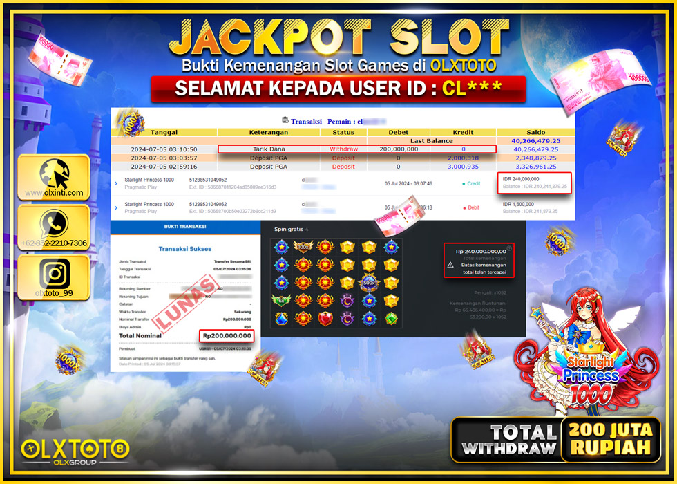 OLXTOTO JACKPOT  SLOT STARLIGHT PRINCESS 1000 Rp.200.000.000.,- LUNAS