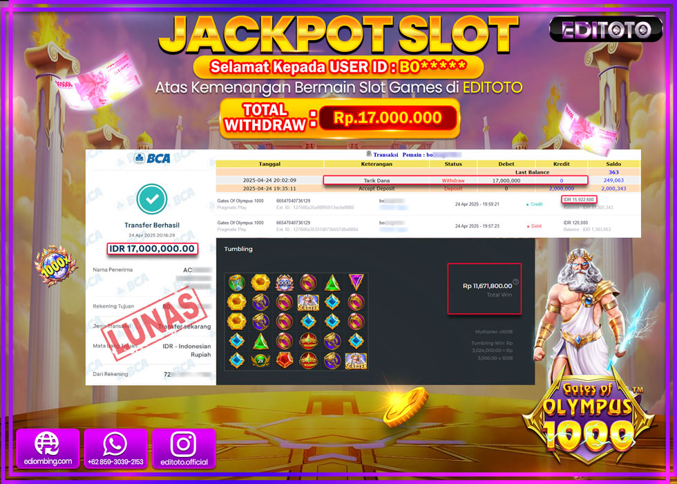 JACKPOT SLOT GATES OF OLYMPUS 1000 Rp.17.000.000,- LUNAS