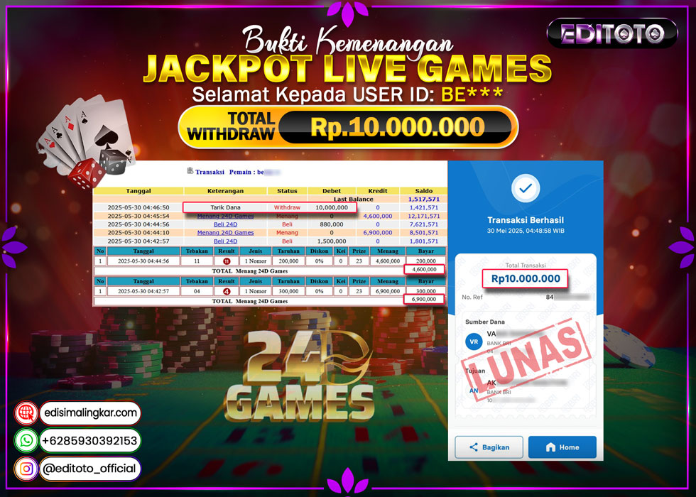 JACKPOT EDITOTO LIVE GAMES 24D GAMES  Rp.10.000.000.,- LUNAS