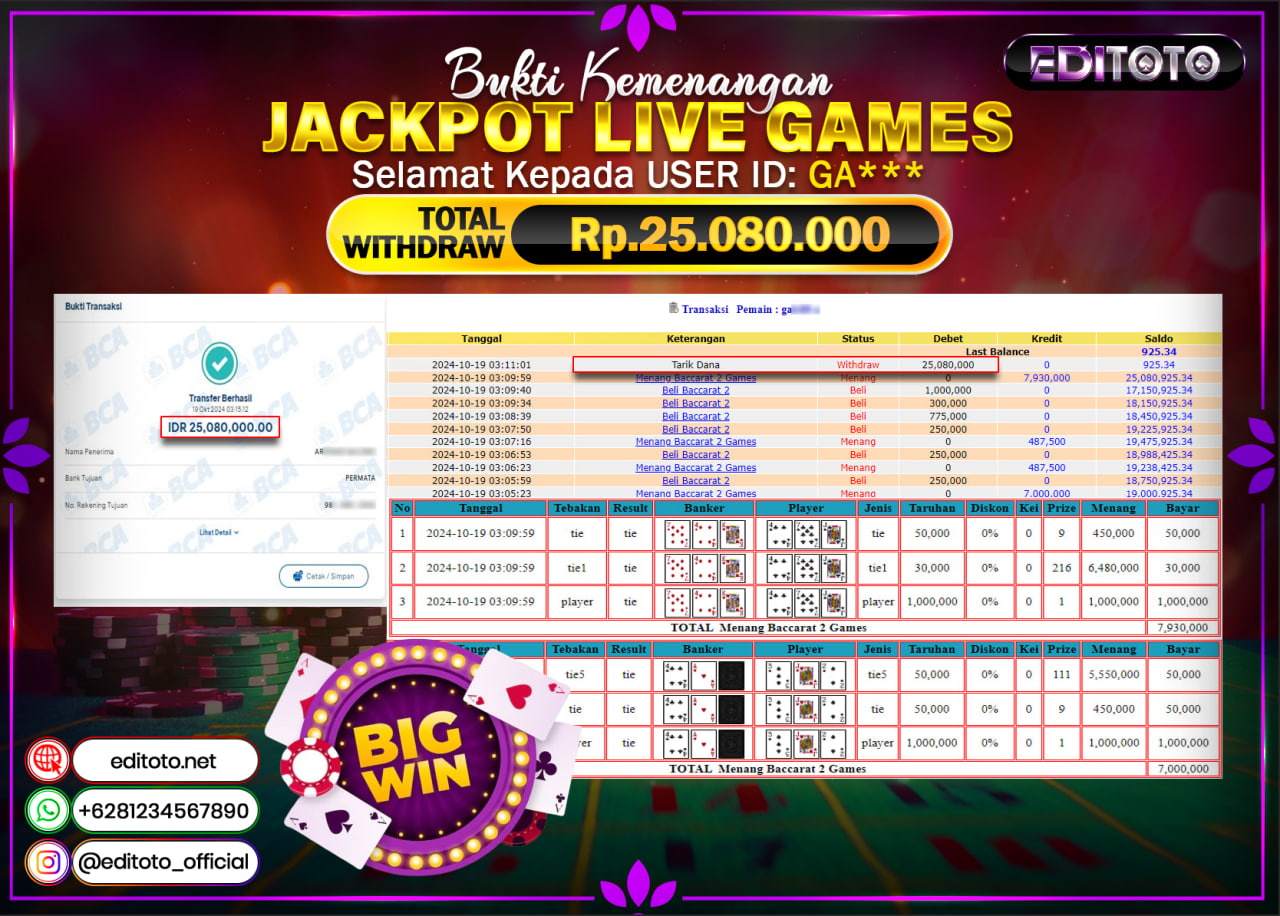 JACKPOT LIVE GAME BACCARAT Rp.25.080.000.,- LUNAS