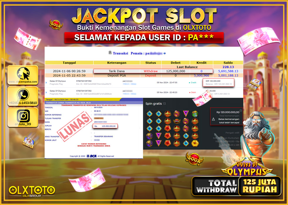 OLXTOTO JACKPOT  SLOT GATES OF OLYMPUS  Rp.125.000.000.,- LUNAS