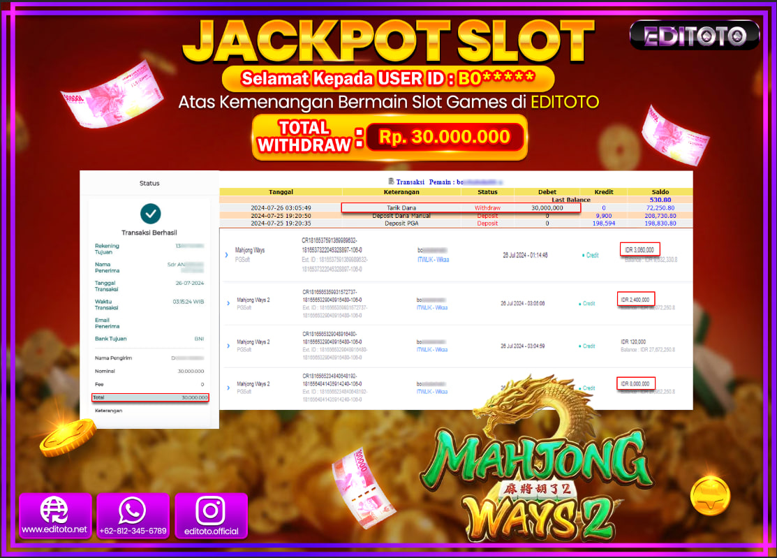 JACKPOT SLOT EDITOTO Mahjong Ways 2 Rp.30.000.000.,- LUNAS