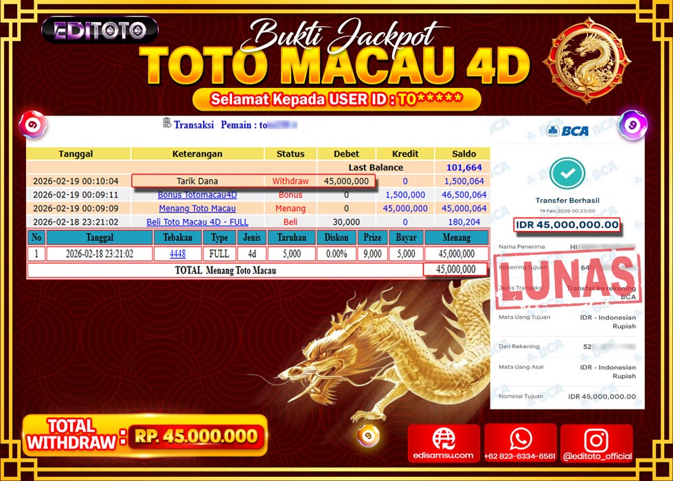 JACKPOT EDITOTO TOGEL PASARAN TOTO MACAU 4D Rp.45.000.000.,- LUNAS 