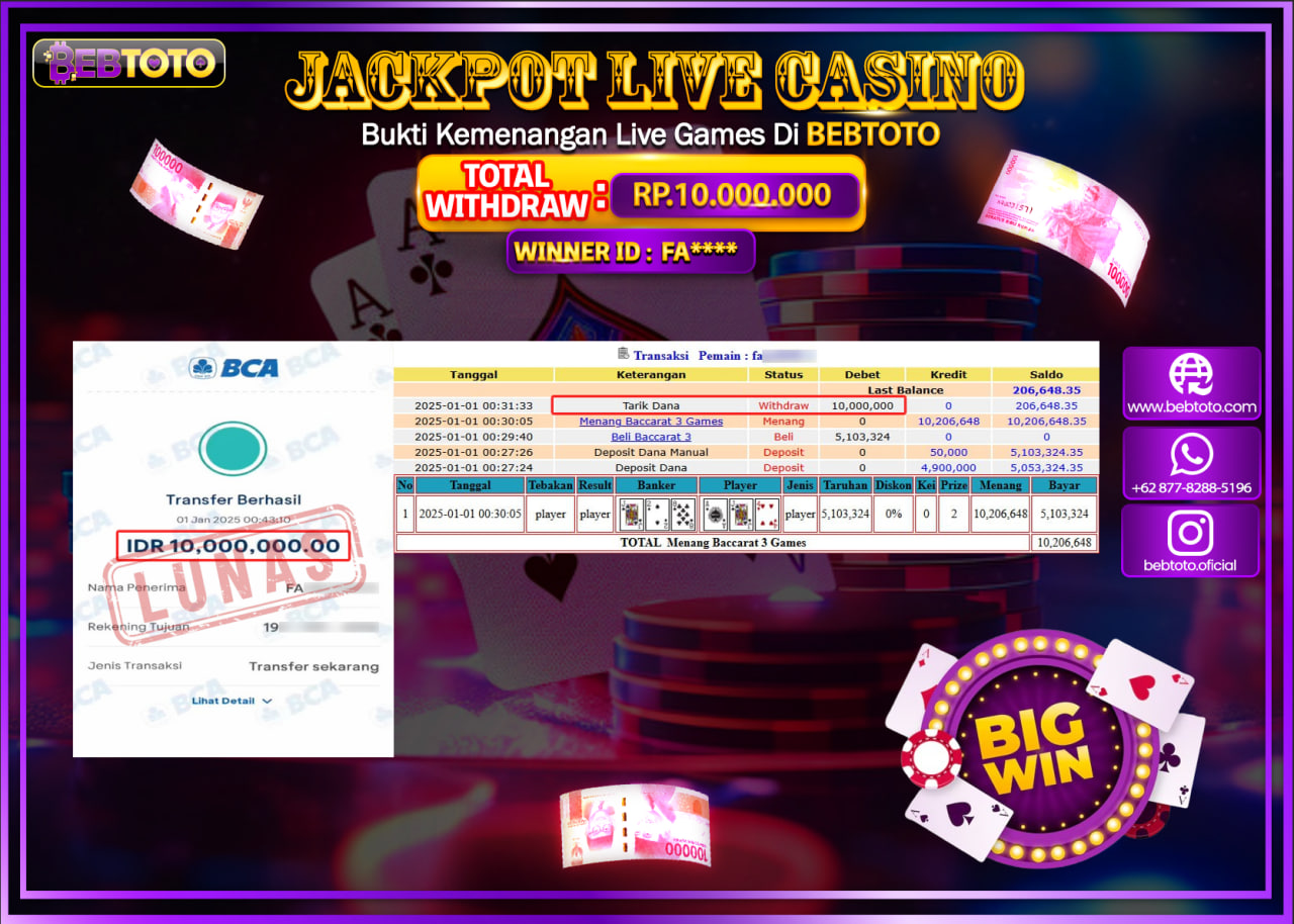 JACKPOT LIVE CASINO BEBTOTO BACCARAT 3 GAMES Rp.10.000.000.,- LUNAS
