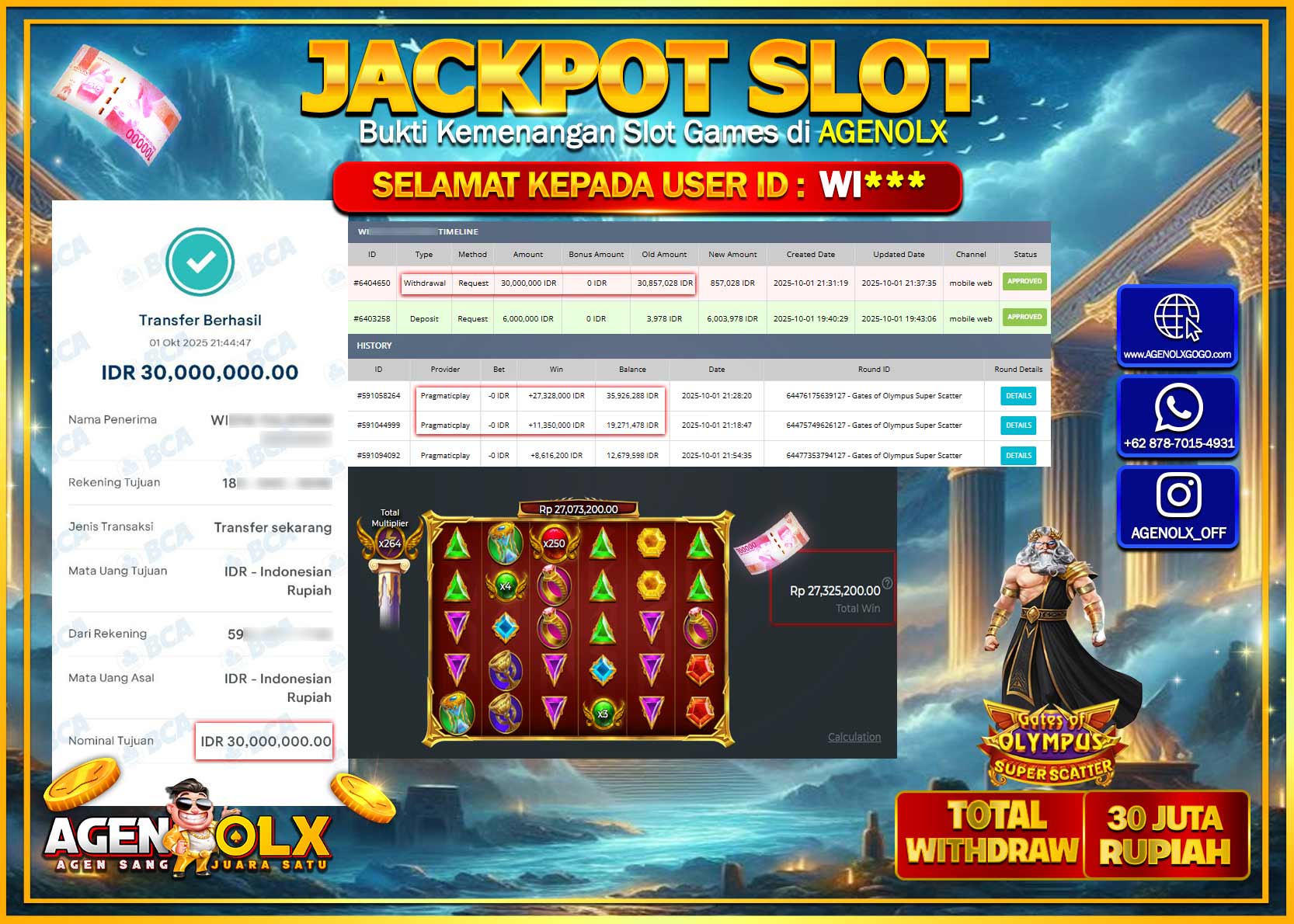 AGENOLX JACKPOT SLOT GATES OF OLYMPUS SUPER SCATTER  Rp 30,000,000,- LUNAS