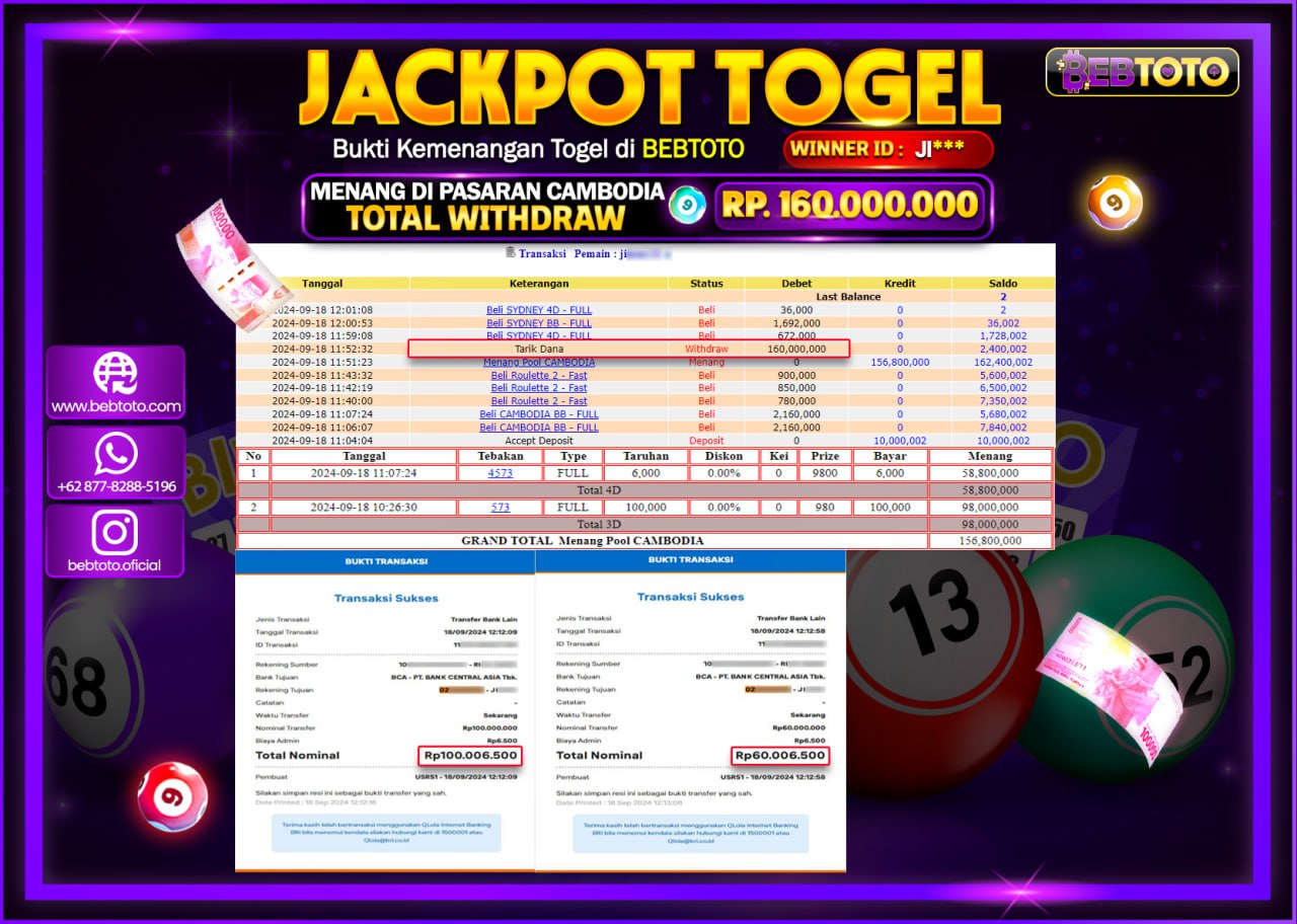 JACKPOT TOGEL BEBTOTO CAMBODIA POOLS Rp.160.000.000.,- LUNAS