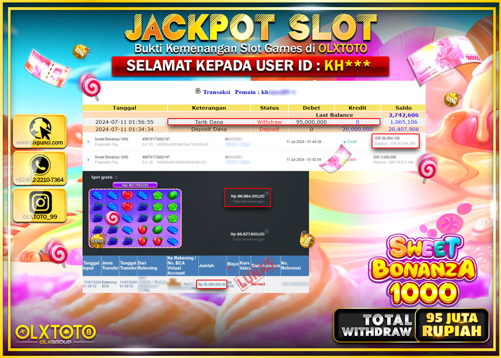 OLXTOTO JACKPOT  SLOT SWEET BONANZA 1000 Rp.95.000.000.,- LUNAS