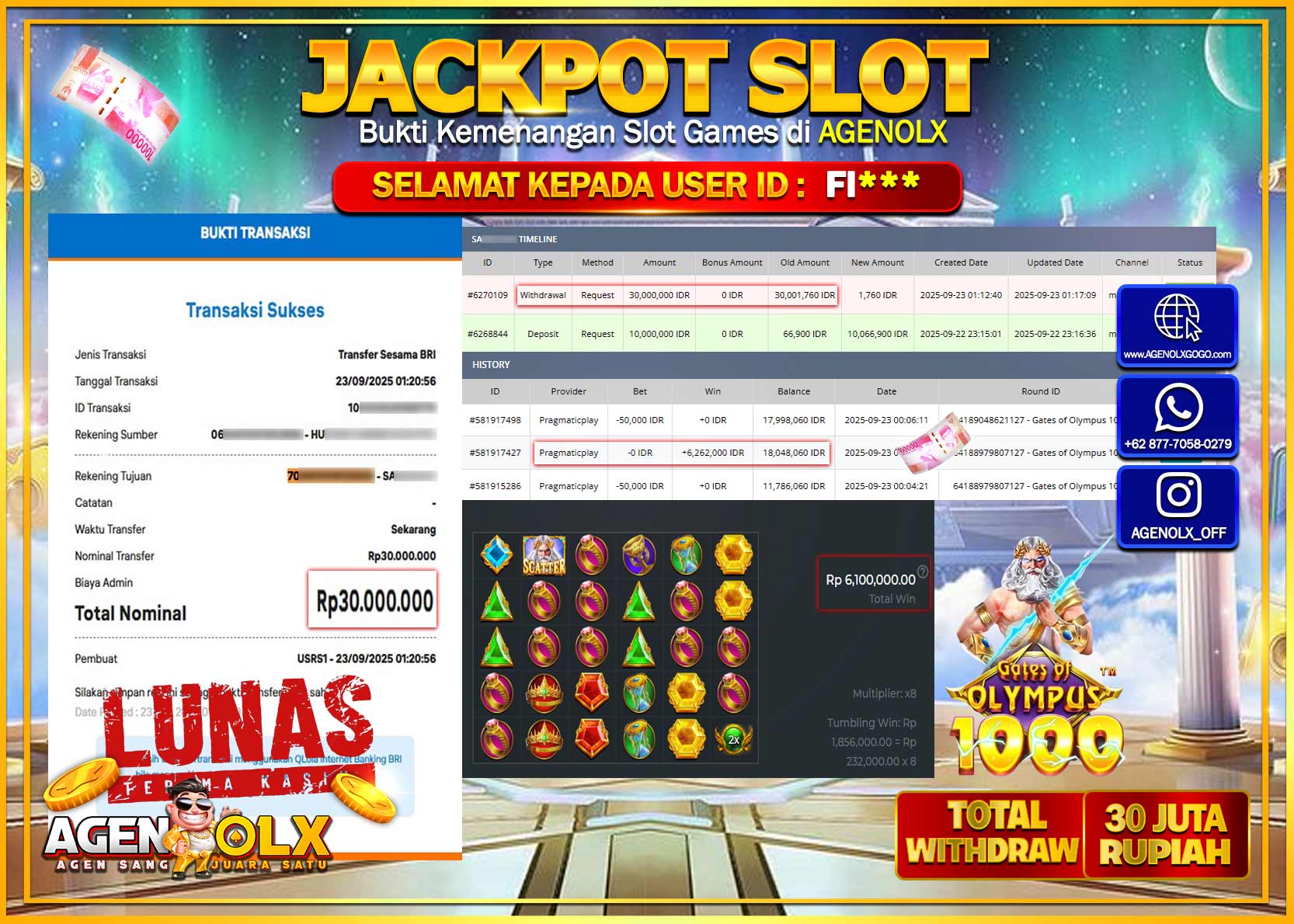 AGENOLX JACKPOT  SLOT GATES OF OLYMPUS 1000 Rp 30,000,000,- LUNAS