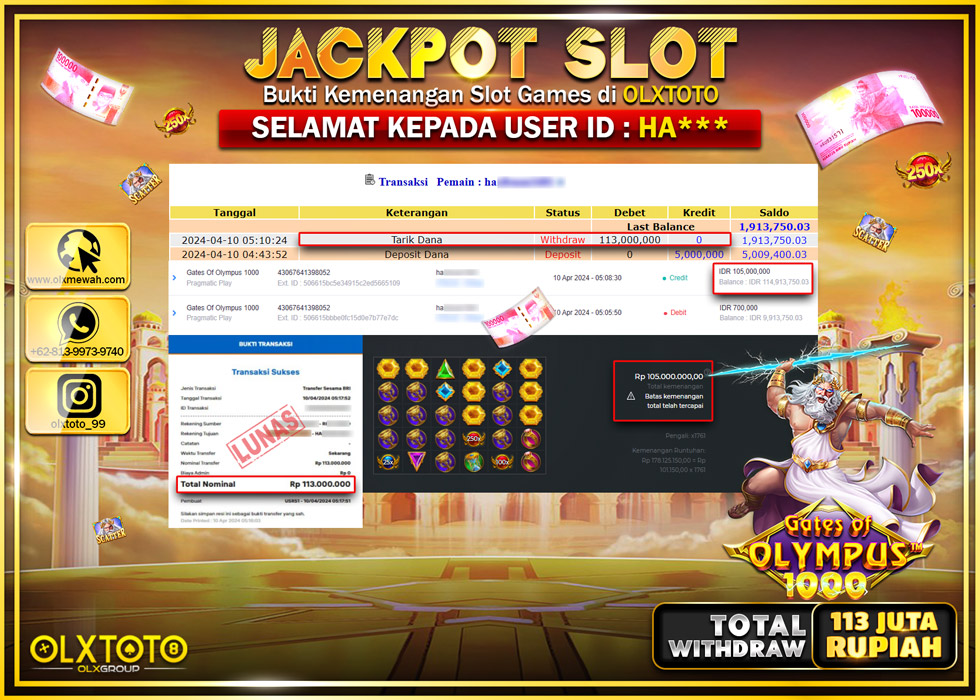 OLXTOTO JACKPOT SLOT GATE OF OLYMPUS 1000   Rp.113.000.000.,- LUNAS