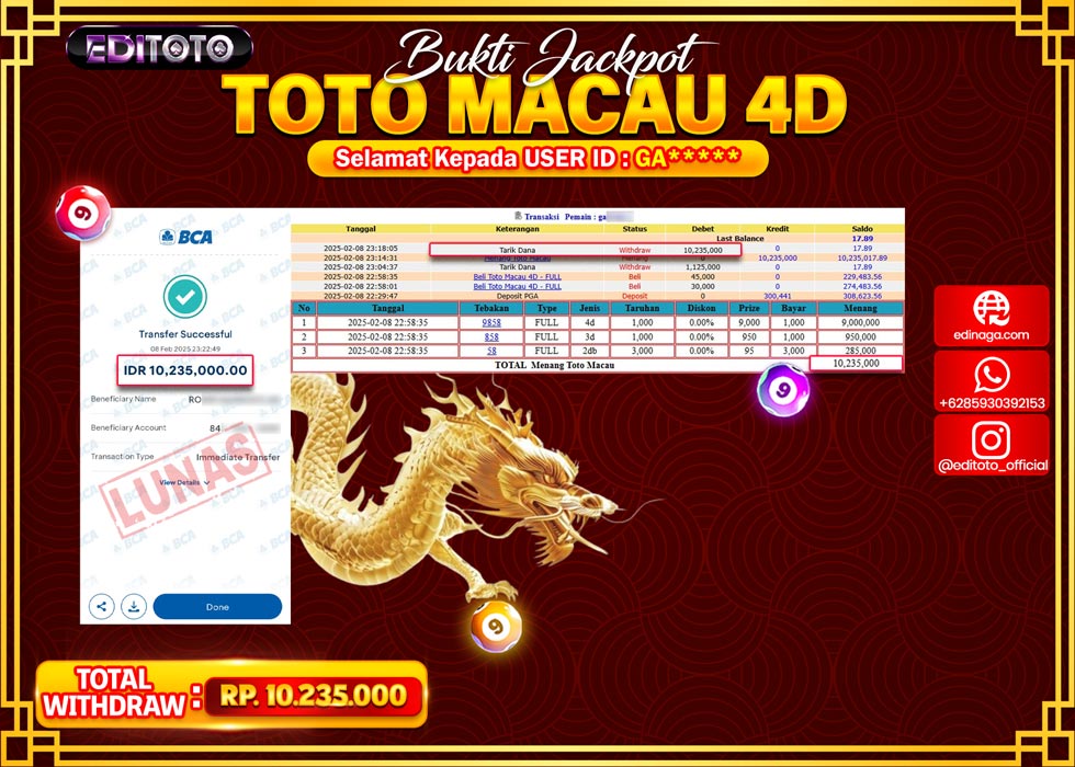 JACKPOT TOGEL PASARAN TOTOMACAU 4D Rp.10.235.000.,- LUNAS