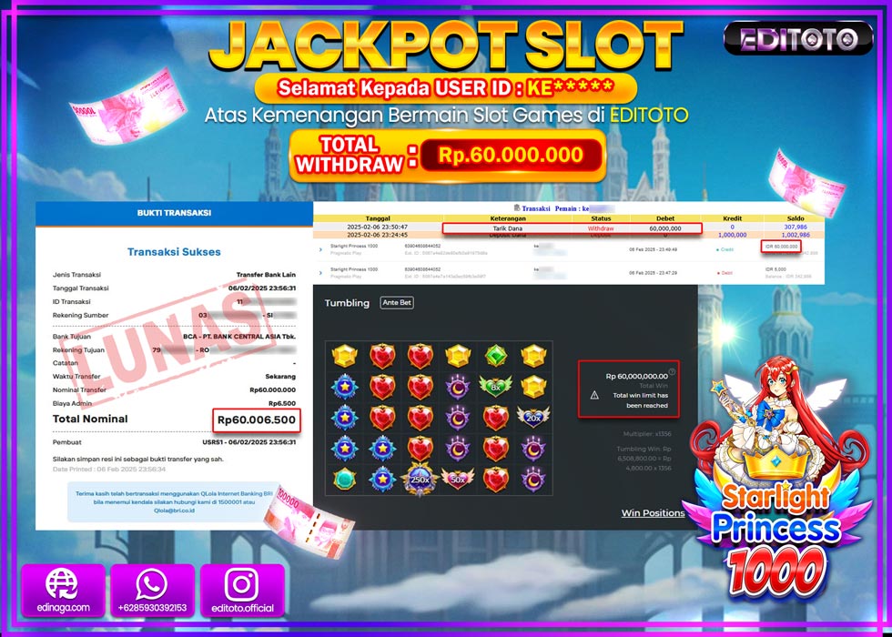 JACKPOT SLOT STARLIGHT PRINCESS 1000  Rp.60.000.000.,- LUNAS