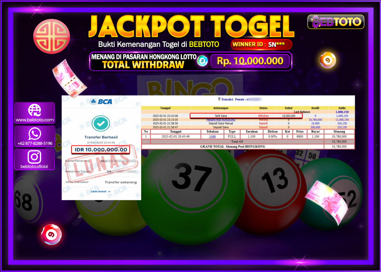 JACKPOT TOGEL BEBTOTO HONGKONG LOTTO Rp.10.000.000.,- LUNAS