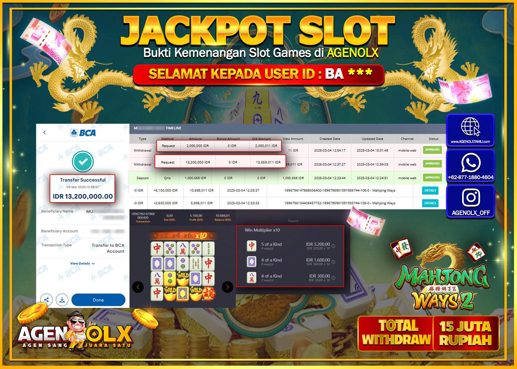 AGENOLX JACKPOT  MAHJONG WAYS Rp 15.200.000,- LUNAS