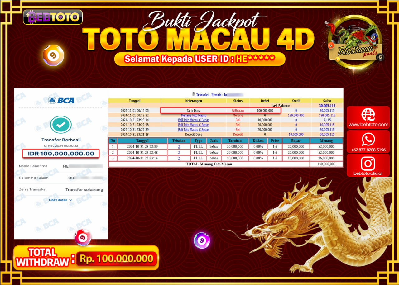 JACKPOT LIVE CASINO BEBTOTO TOTO MACAU Rp.100.000.000.,- LUNAS