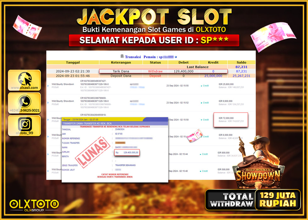 OLXTOTO JACKPOT  SLOT WILD BOUNTY SHOWDOWN Rp.129.400.000.,- LUNAS